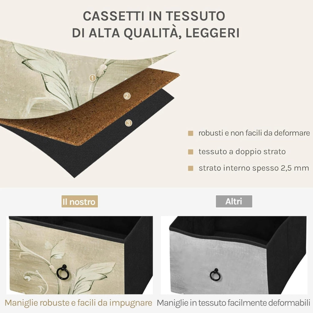 Cassettiera, 5 Cassetti per Camera da Letto/Corridoio/Soggiorno, Marrone Rustico e Nero con Motivo Fiore retrò, Struttura in Metallo, 100x30x54cm, SSK005pw