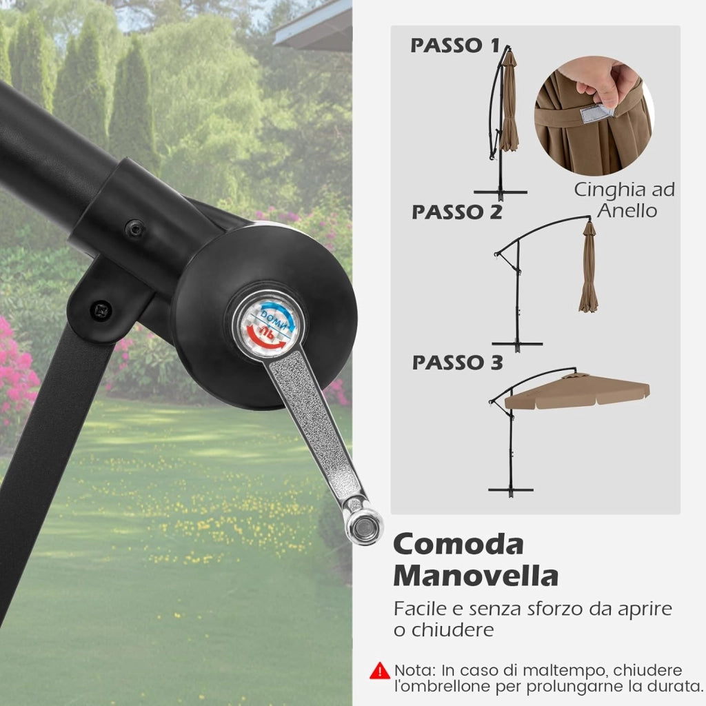Ombrellone da Giardino 290 cm a Braccio | Inclinazione Regolabile, Manovella, 8 Stecche, Telo Solare, Copertura Inclusa