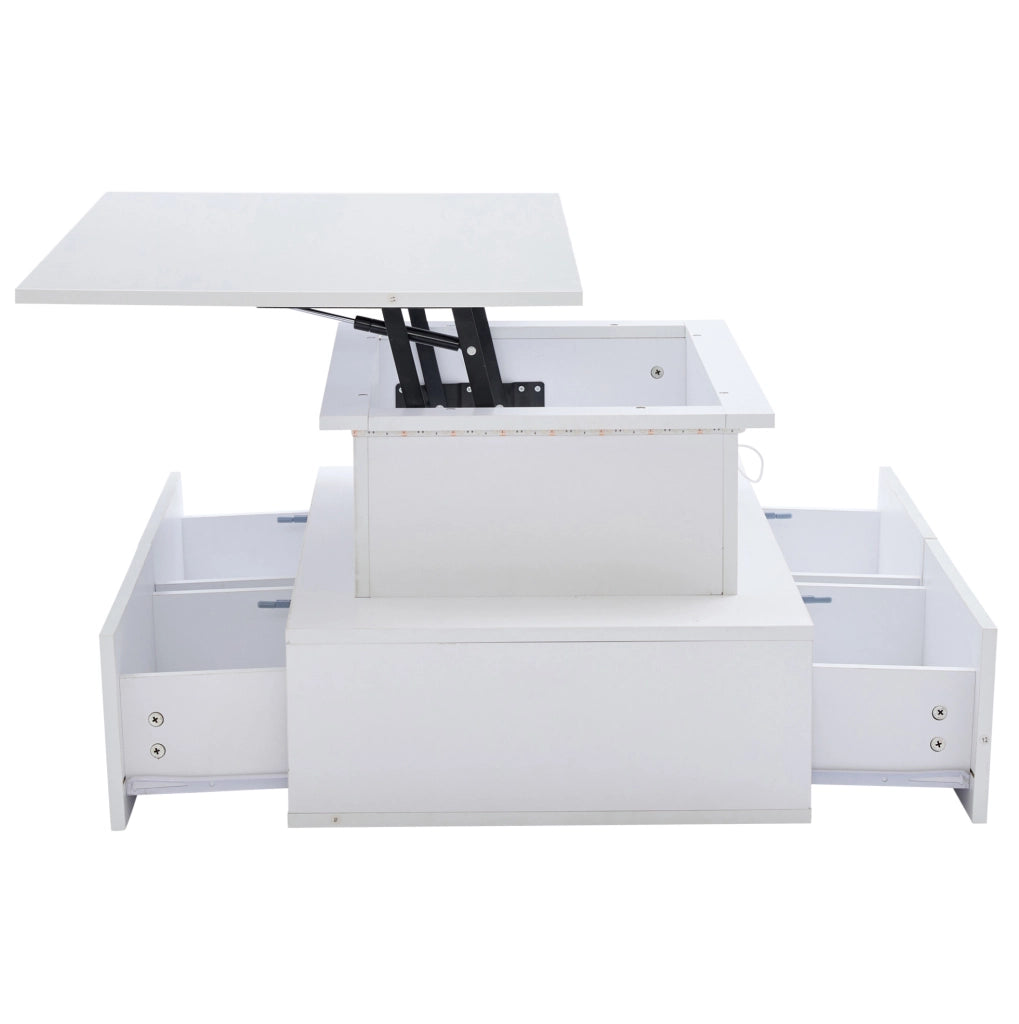 Tavolino da caffè 90x55x41 cm; illuminazione LED e 4 cassetti; truciolare bianco