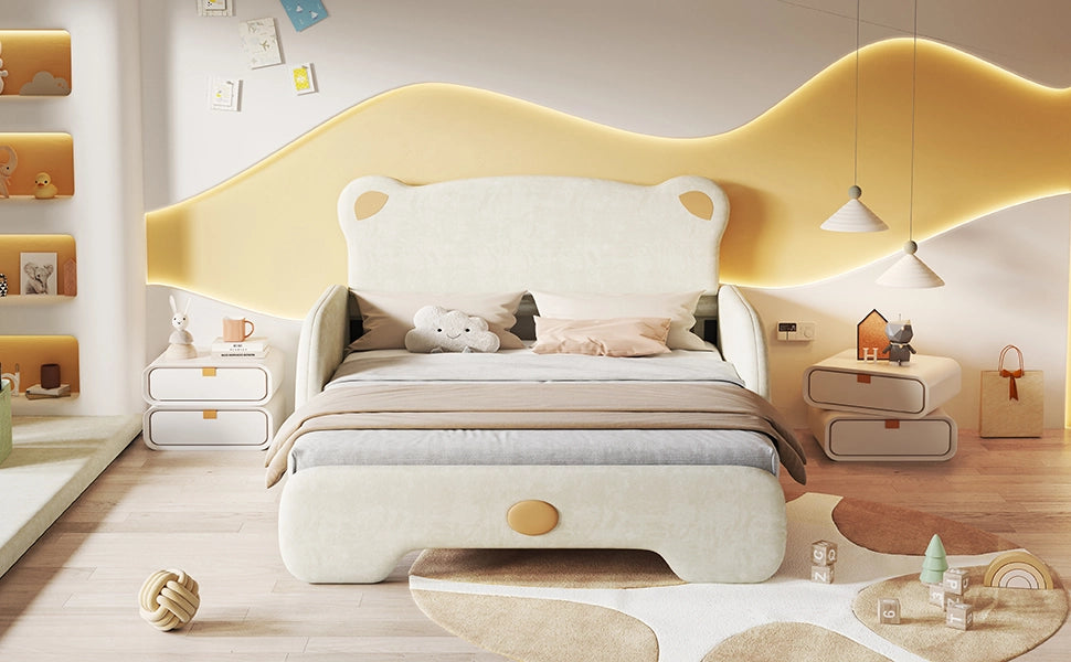 Letto matrimoniale forma orso imbottito velluto beige 140x200 cm