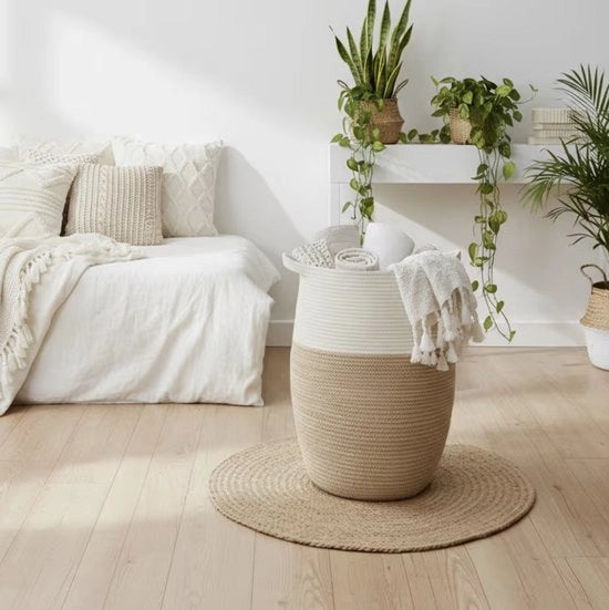 Wascio in Rattan con Tasca Interna in Tessuto, 65×45×35 cm