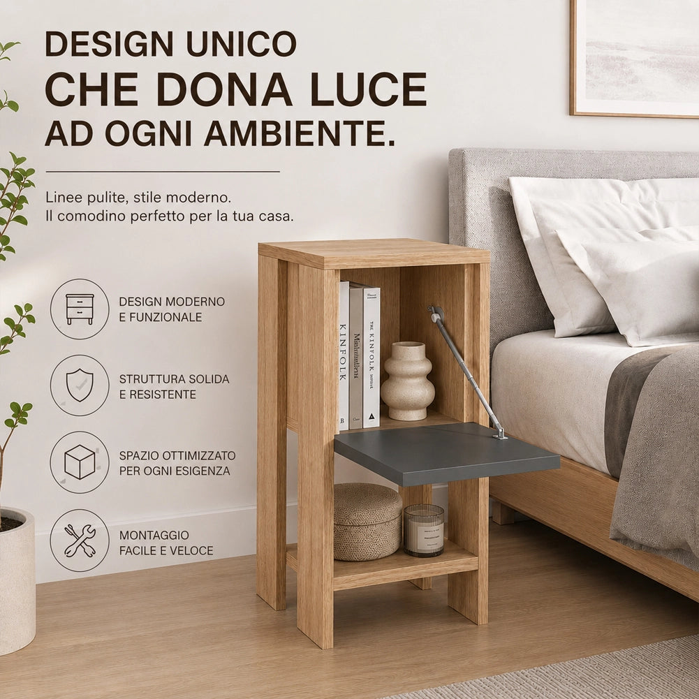 Comodino Mobiletto 2 Ripiani Anta Ribalta Tavolino Moderno Quercia e Antracite
