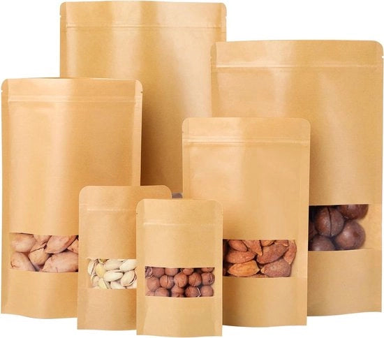 100 sacchi di stoccaggio con finestra e chiusura a raso per alimenti - carta marrone, ideali per tè, caffè, dolci, semi e noci