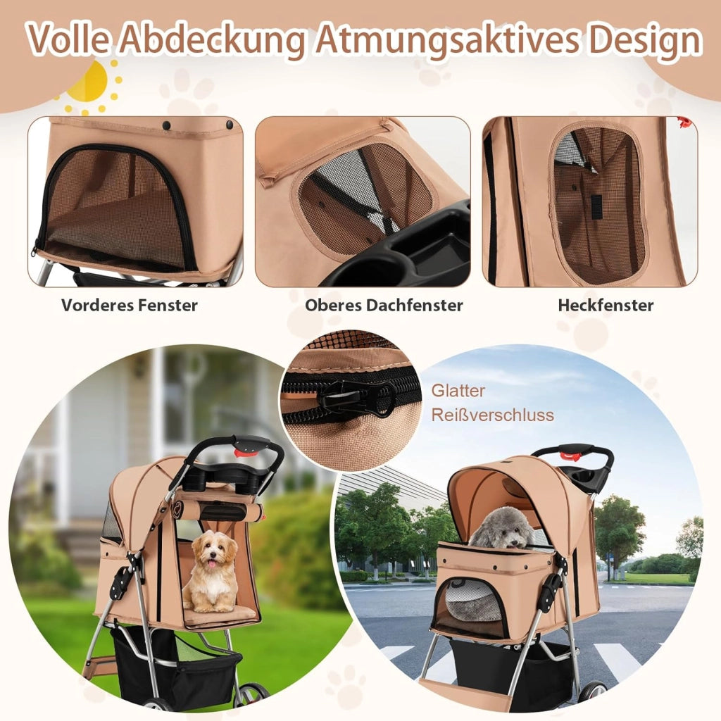 Passeggino per Cani e Gatti Pieghevole Fino 15 kg, Carrello per Animali Domestici, Trasportino Carrozzina Portatile da Viaggio e Passeggio con Tettuccio per Cuccioli, 87 x 46 x 102 cm (Beige)