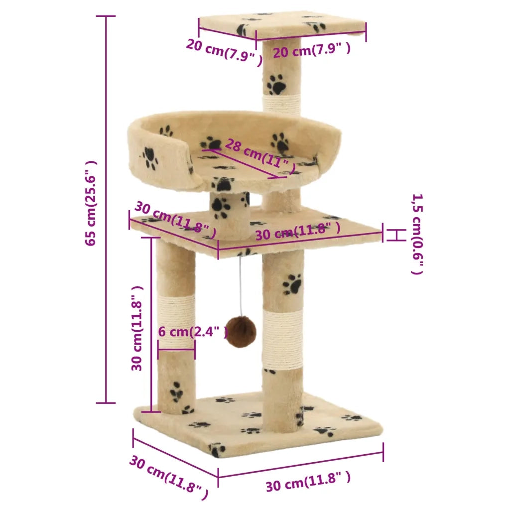 Albero per Gatti Tiragraffi in Sisal 65 cm Zampe Stampate Beige 170610