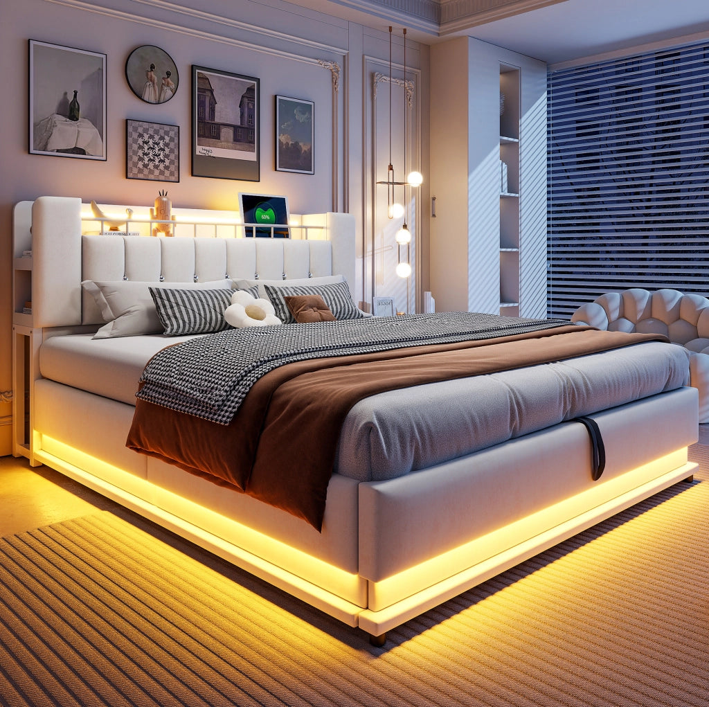 Letto imbottito 180 x 200 cm beige con LED, USB e vano contenitore idraulico