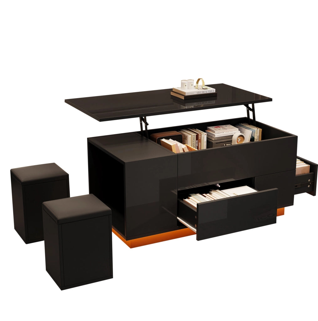 Tavolino da caffè 100x50x45 cm con alzata idraulica; LED; 2 cassetti e 2 sgabelli; truciolare nero