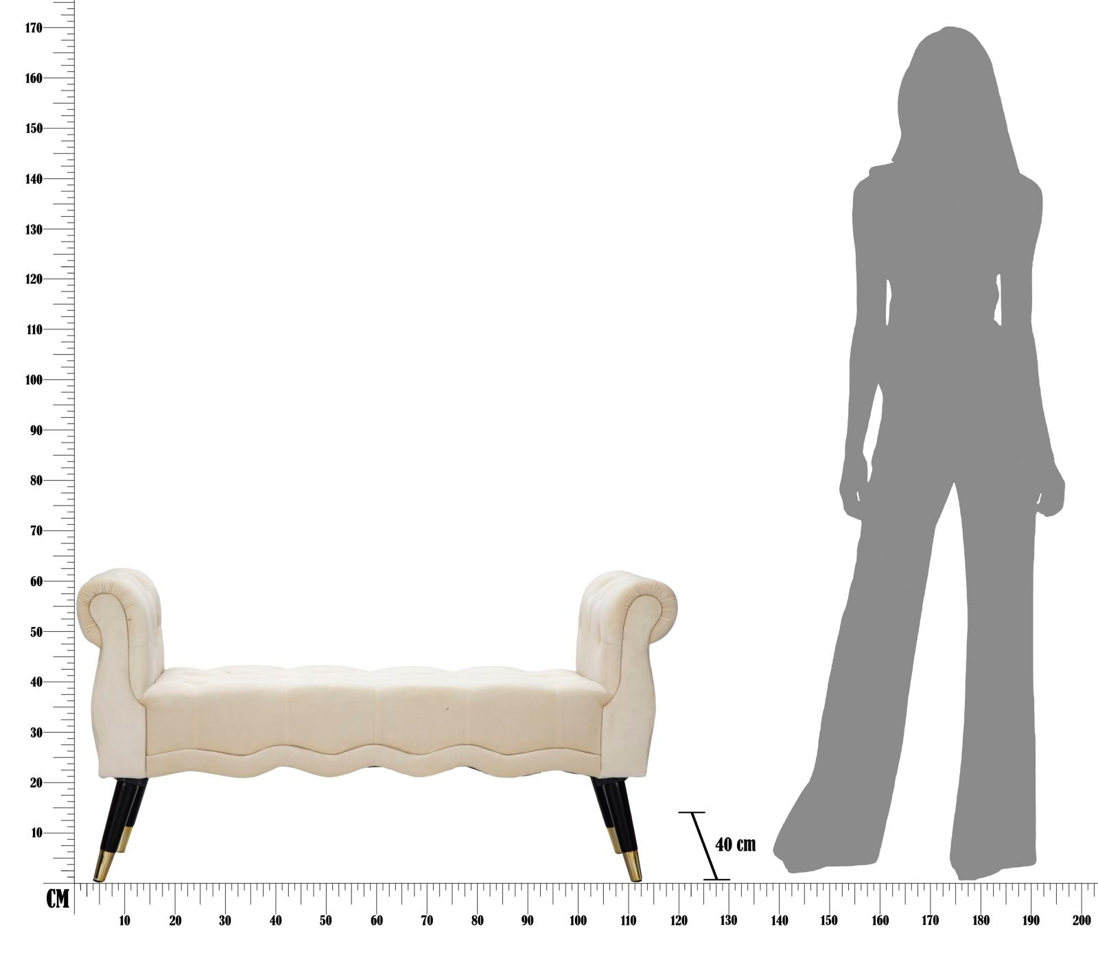 Panchetta Paris 120x40x60 cm in Legno Spugna Metallo e Poliestere Crema Nero e Oro