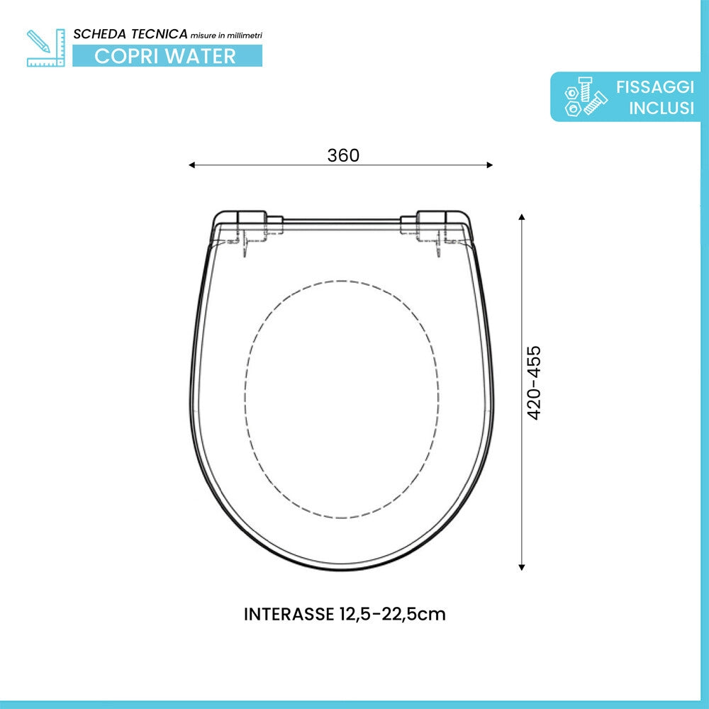 Copriwater wc soft close con cerniere regolabili originale per sanitari Demy Dolomite
