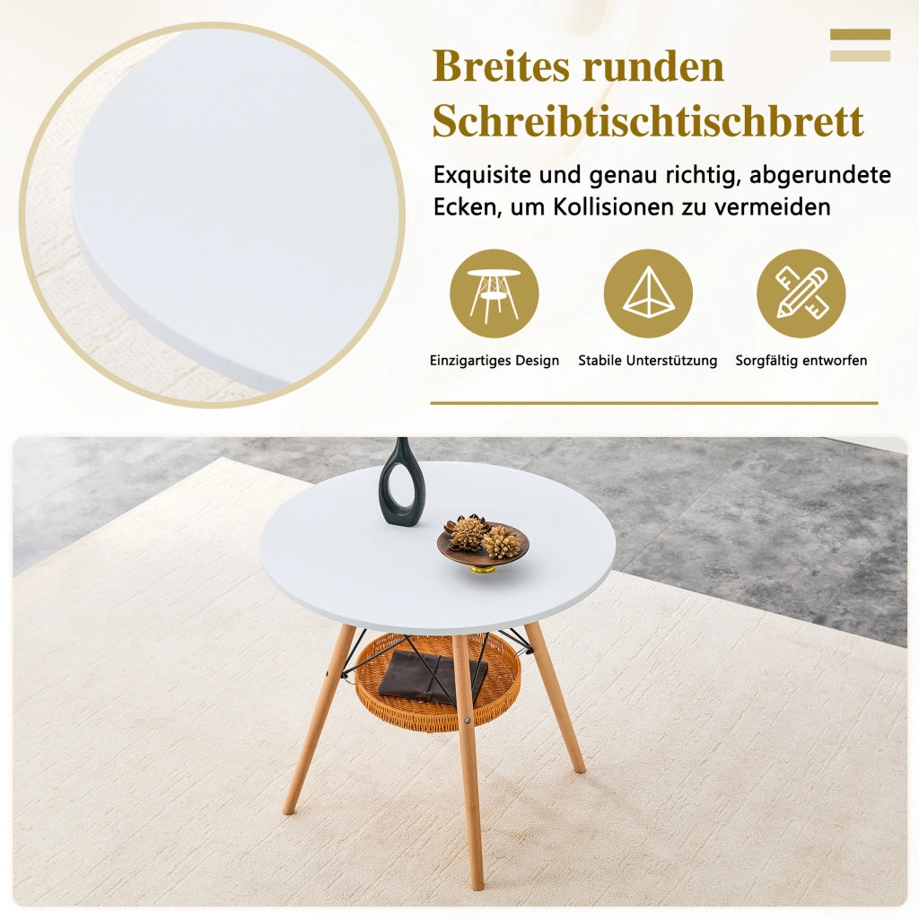 Tavolo da pranzo rotondo con cestello sospeso, 2-4 posti, in MDF e legno massiccio, per piccoli spazi, bianco, Ø 80 cm