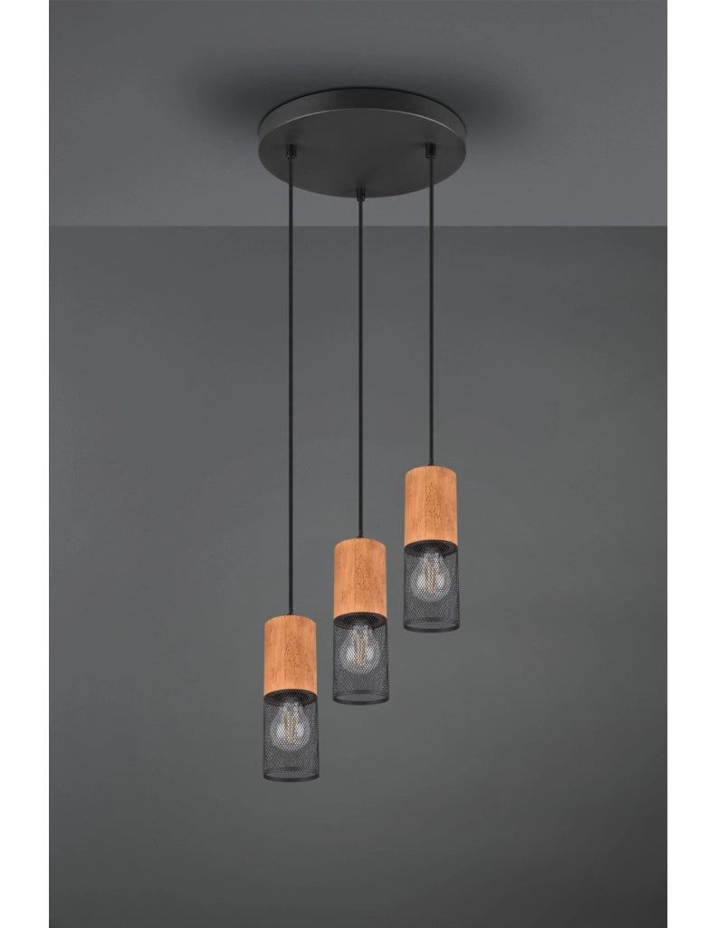 Sospensione Tosh Nero 3xE27 Legno E Gabbia Metallica Ø28 cm Trio Lighting