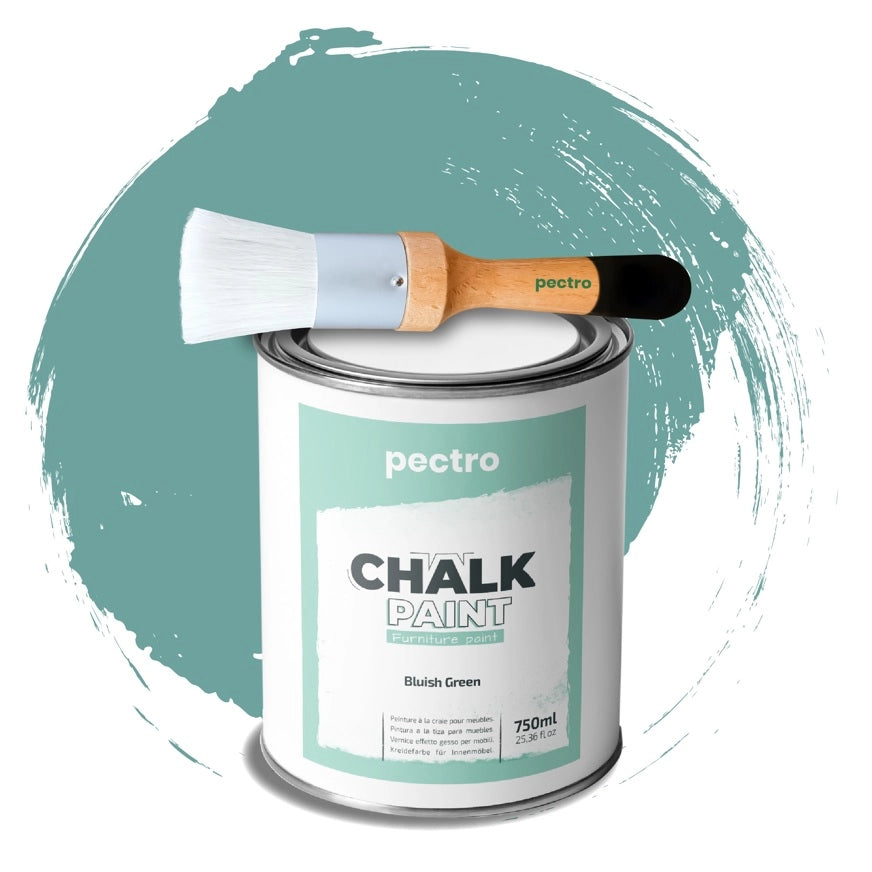 Chalk Paint Vernice a Gesso 750ml + Pennello Tondo in Legno Pack VERDE BLUASTRO - Pittura per Mobili Senza Carteggiare