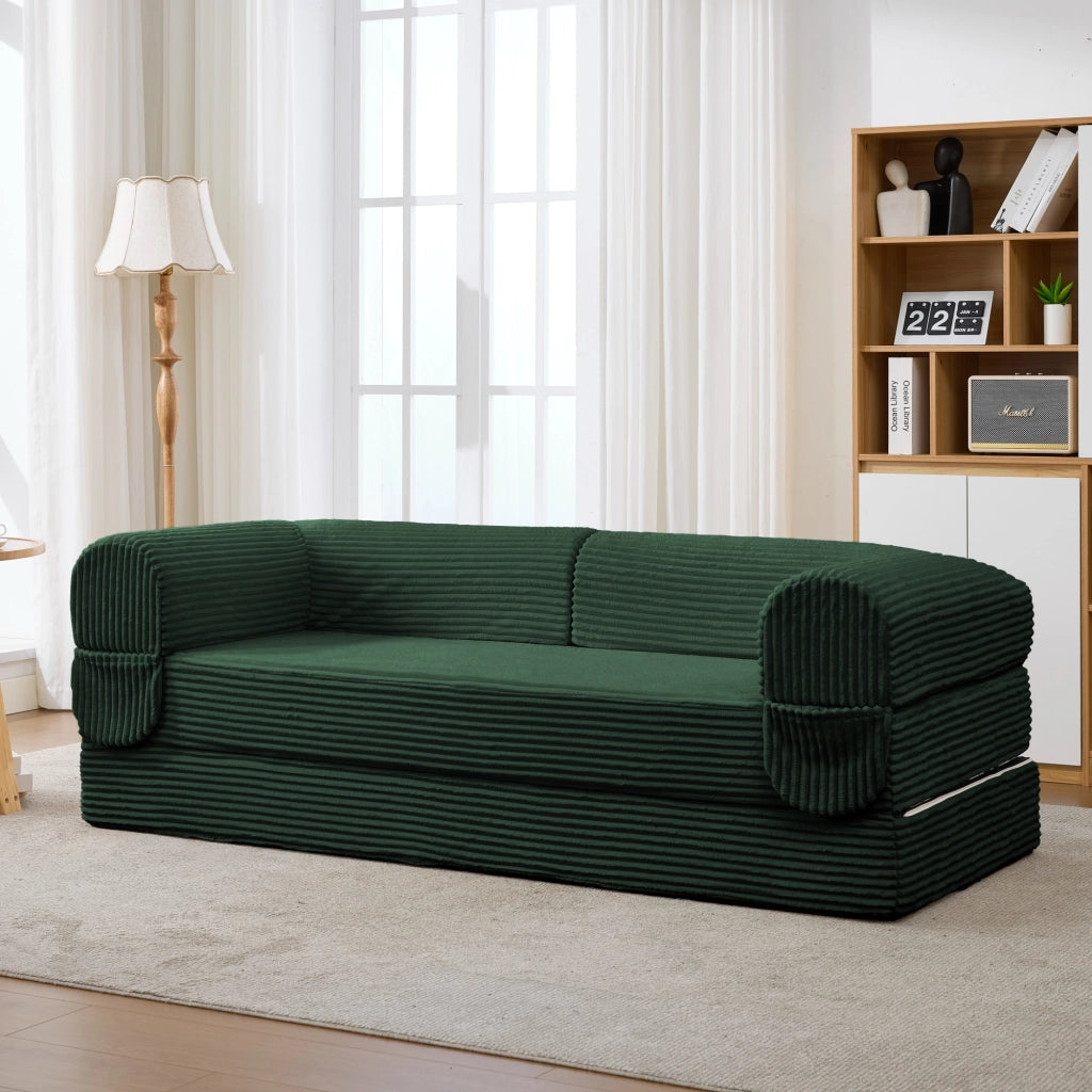 Divano letto convertibile 2 posti in tessuto corduroy con seduta imbottita e braccioli, design salvaspazio verde