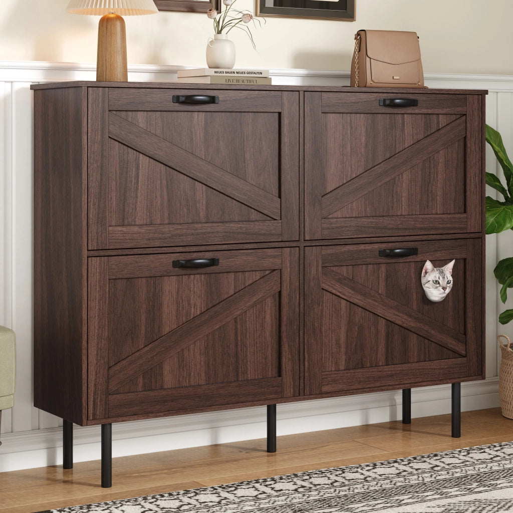Scarpiera con 4 Ante; 3 Ribalte e Vano per Gatto; per Ingresso; in Pannello di Particelle; 120 × 28 × 92 cm; Noce Naturale