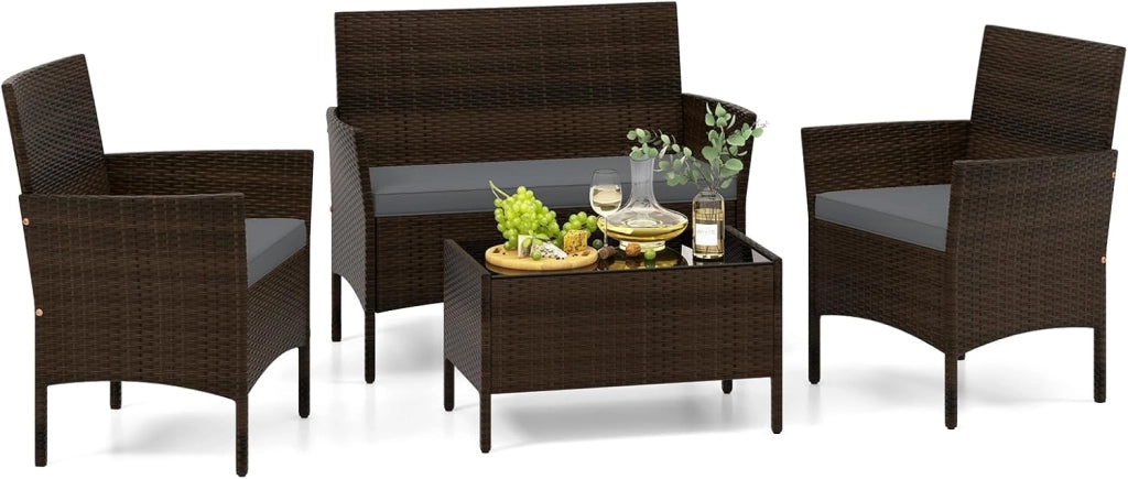Set di Salotto da Giardino in Rattan 4 Pezzi, Set Mobili da Esterno in Vimini con Cuscini Morbidi, Divanetto e Poltrona con Tavolo in Vetro Temperato per Giardino e Veranda (Grigio)