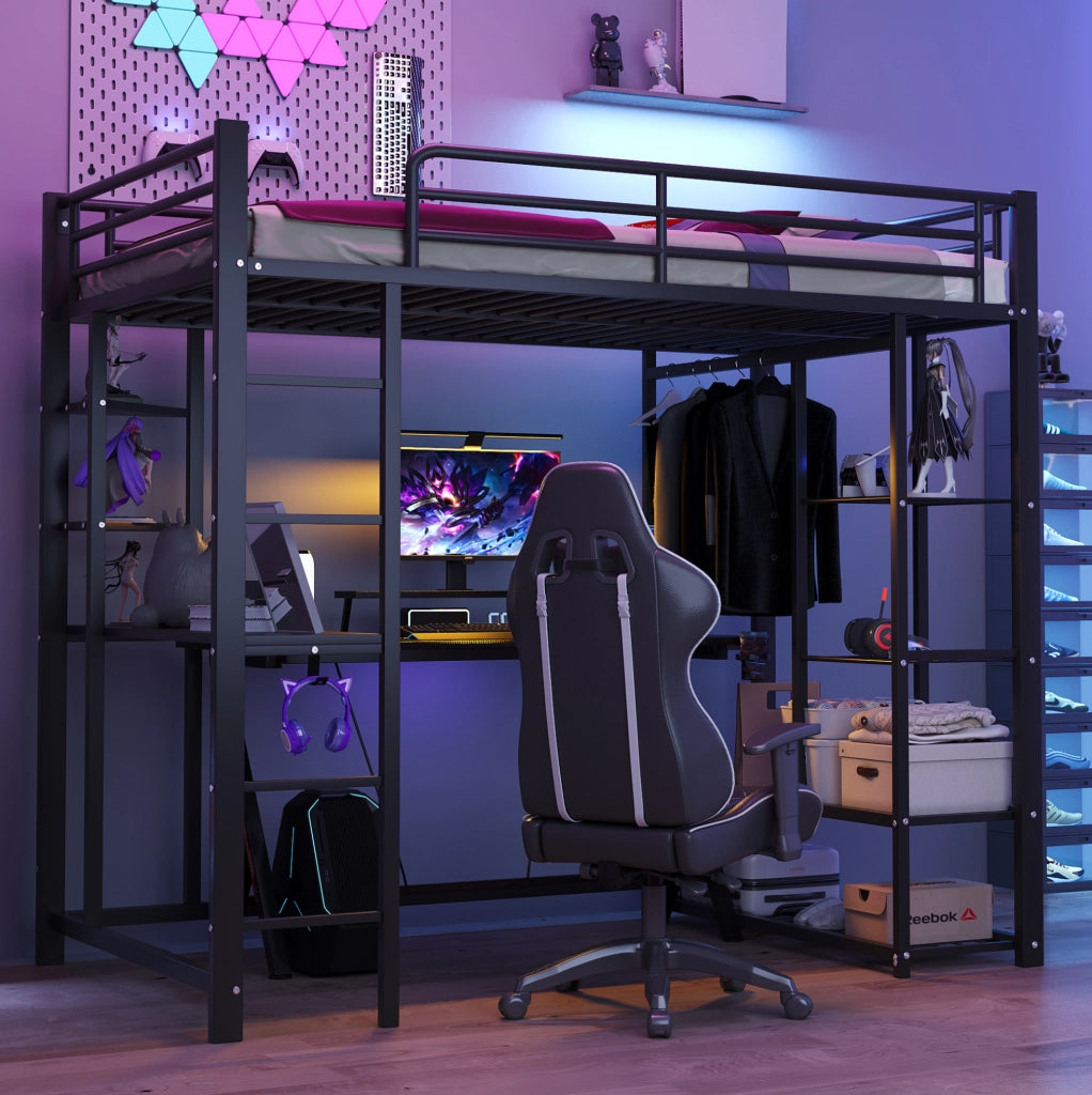 Letto a soppalco multifunzionale 90x200 cm con scrivania, armadio e scaffali, nero