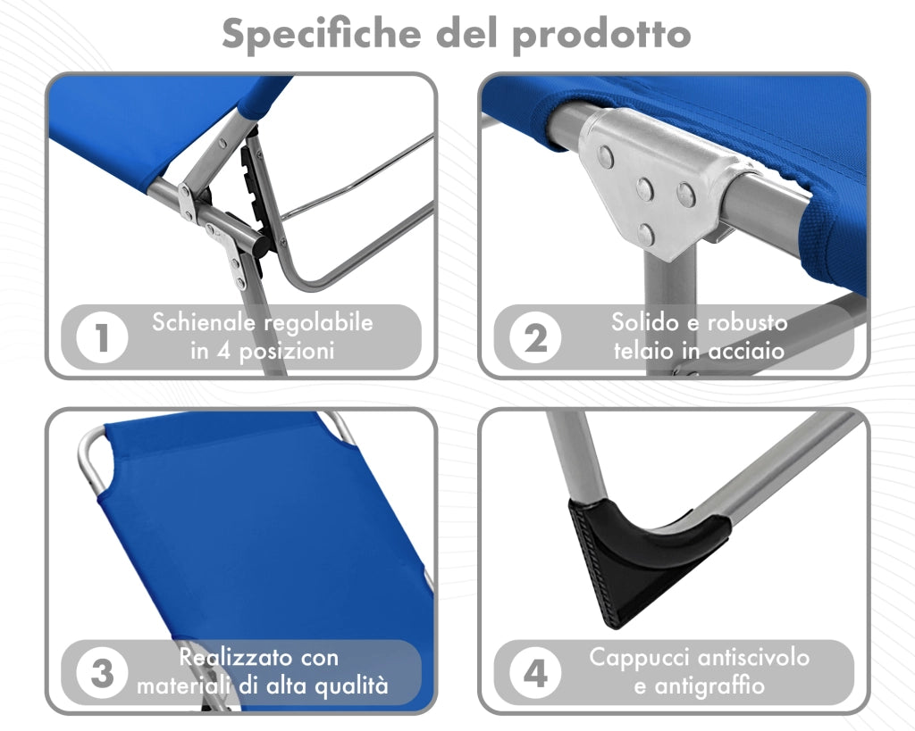 Coppia Set 2 Pezzi Lettino Prendisole Struttura In Alluminio Anodizzato Schienale Regolabile Impermeabile Resistente Raggi Uv Pieghevole Professionale Tessuto Textilene - Blu