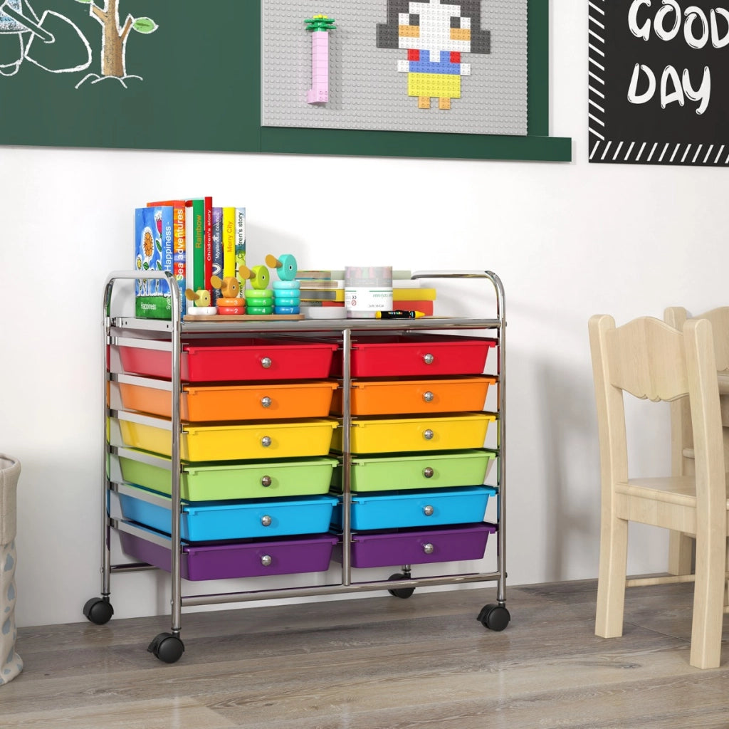 Carrello portaoggetti con 12 cassetti e ampio piano di lavoro, Cassettiera con 4 ruote per soggiorno e cucina Colorato-Carrelli
