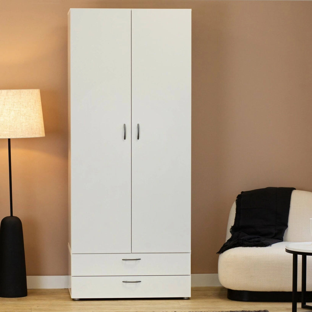 Guardaroba 2 ante Buriasco, Mobile camera da letto, Cabina armadio portabiti, Armadio appendiabiti, 74x52 h214 cm, Bianco