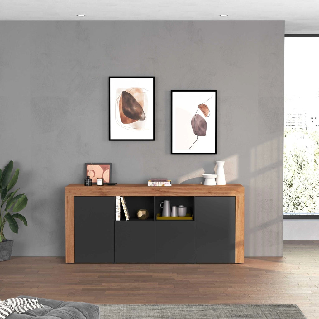 WHOUS Credenza Chronos 4 ante e 2 vani antracite opaco e rovere 200x40x85 cm