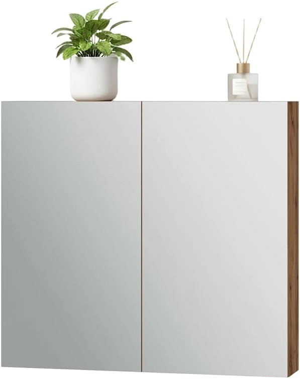 Specchio contenitore bagno Lotta, Rovere, 79.7 x 73.2 cm con 2 porte, per montaggio a parete con specchio integrato e ripiani