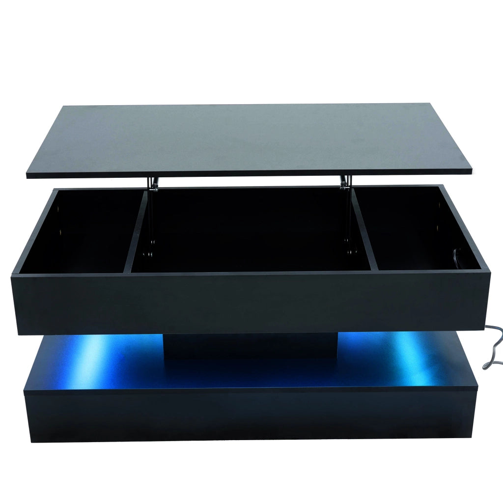 Tavolino da caffè con piano alzabile; vano contenitore e LED - per soggiorno - in pannello truciolare - 100×50×42 cm - nero