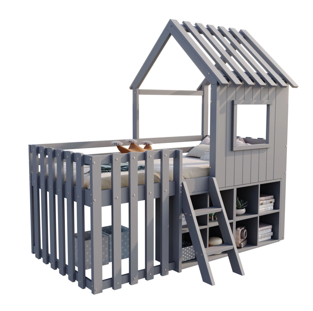 Letto a soppalco per bambini 90x200 cm a casetta con tetto e finestre; in legno grigio