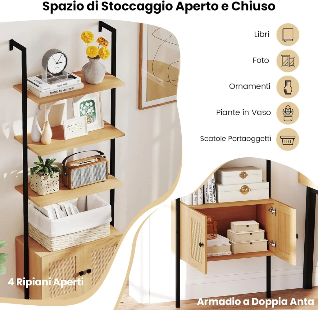 Libreria a Scala a 5 Ripiani con Armadio in Rattan, Scaffale da Parete con Struttura in Metallo, Organizzatore di Stoccaggio per Soggiorno Studio Ufficio, 60x31,5x184 cm