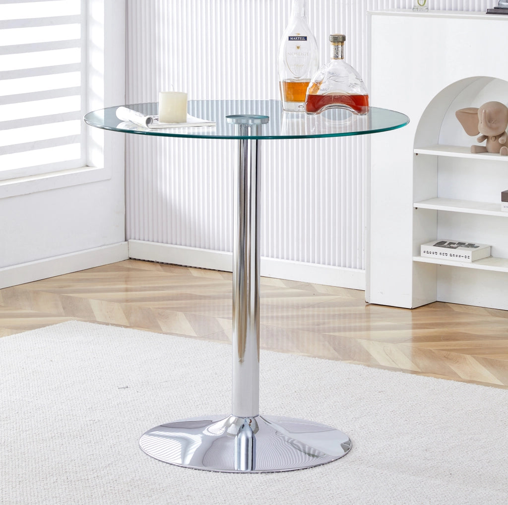 Tavolo da bar rotondo 89 cm; altezza 92 cm in vetro trasparente con base in metallo argento