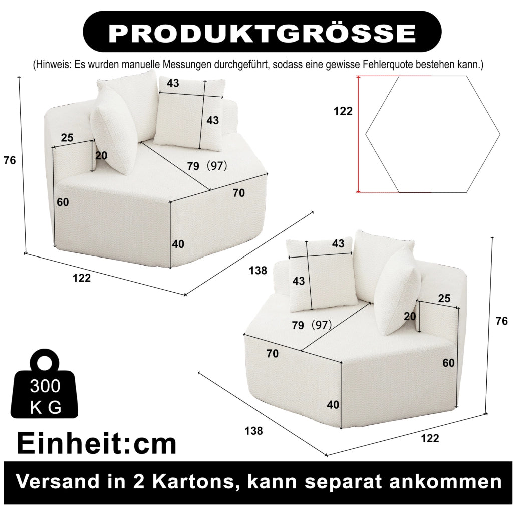 Poltrona lounge modulare esagonale in ciniglia beige con 3 cuscini
