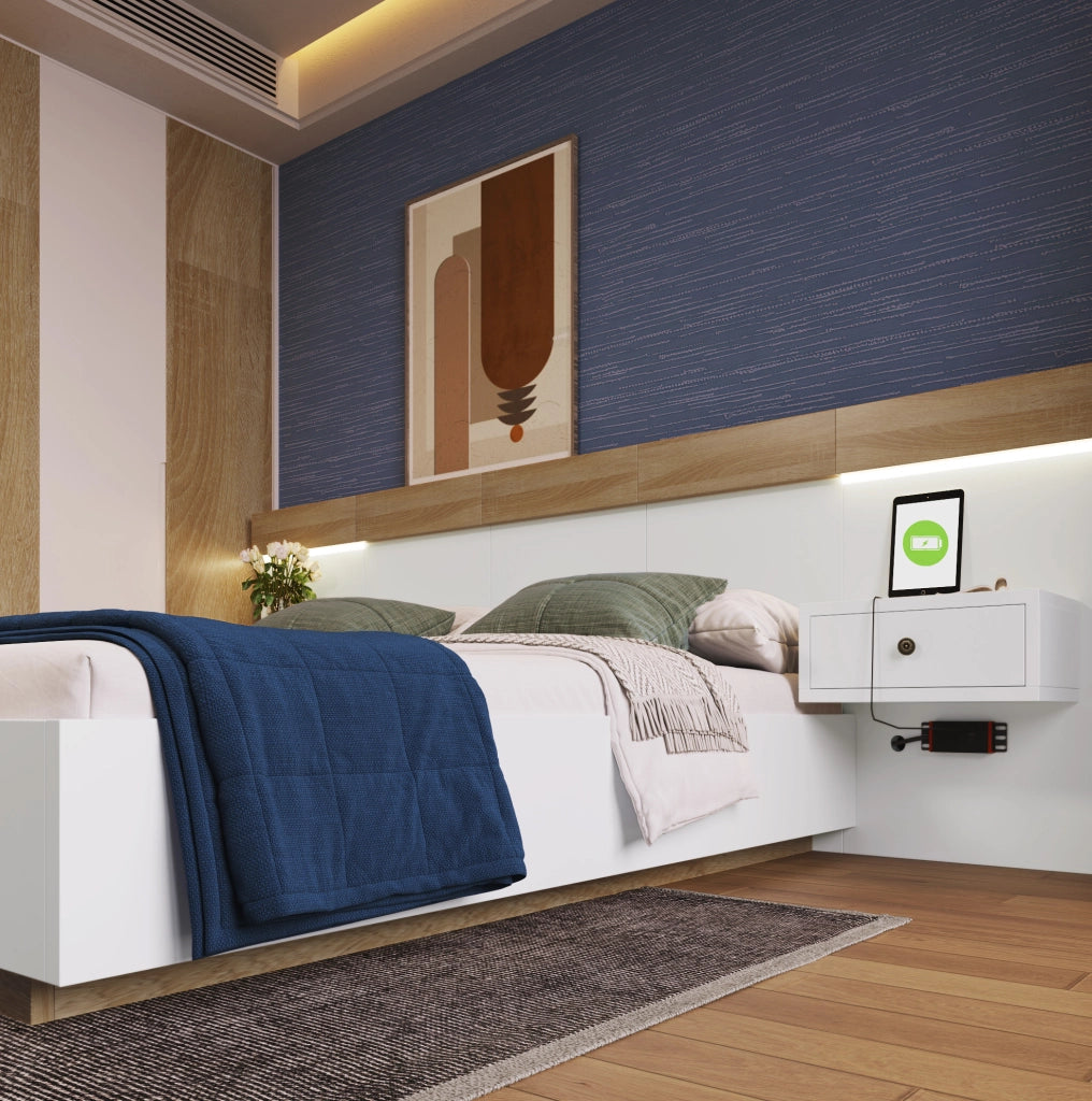 Letto matrimoniale moderno con comodini LED e prese USB