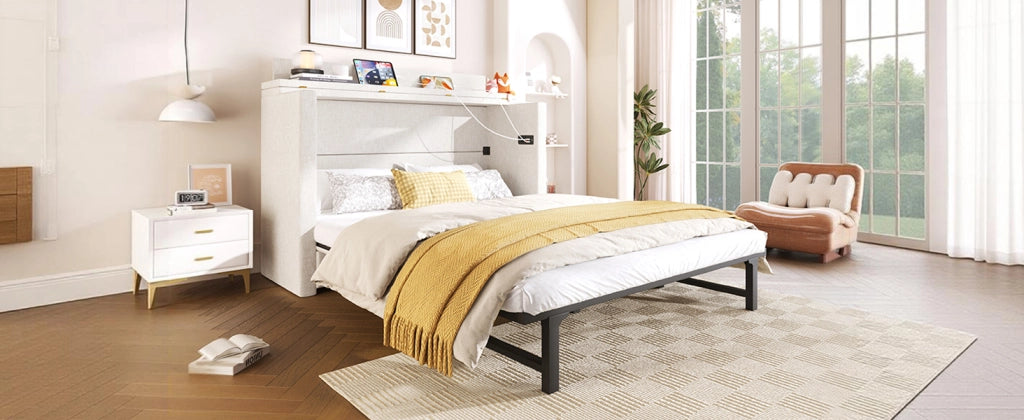 Letto a scomparsa 140 × 200 cm con cassetto e prese USB e Type-C rivestito in lino beige