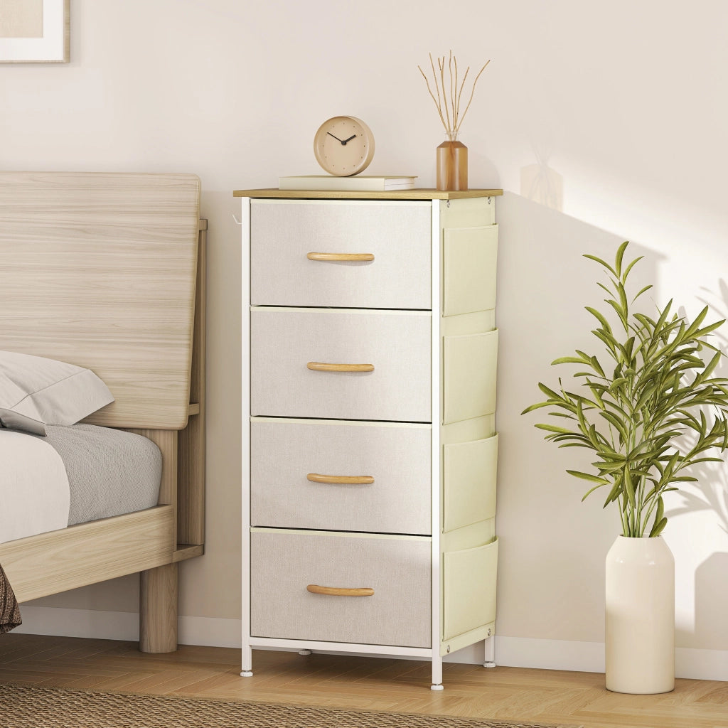 Cassettiera con 4 Cassetti e 4 Tasche Laterali ¨C zephmum ¨C Tessuto Beige 60x40x80 cm