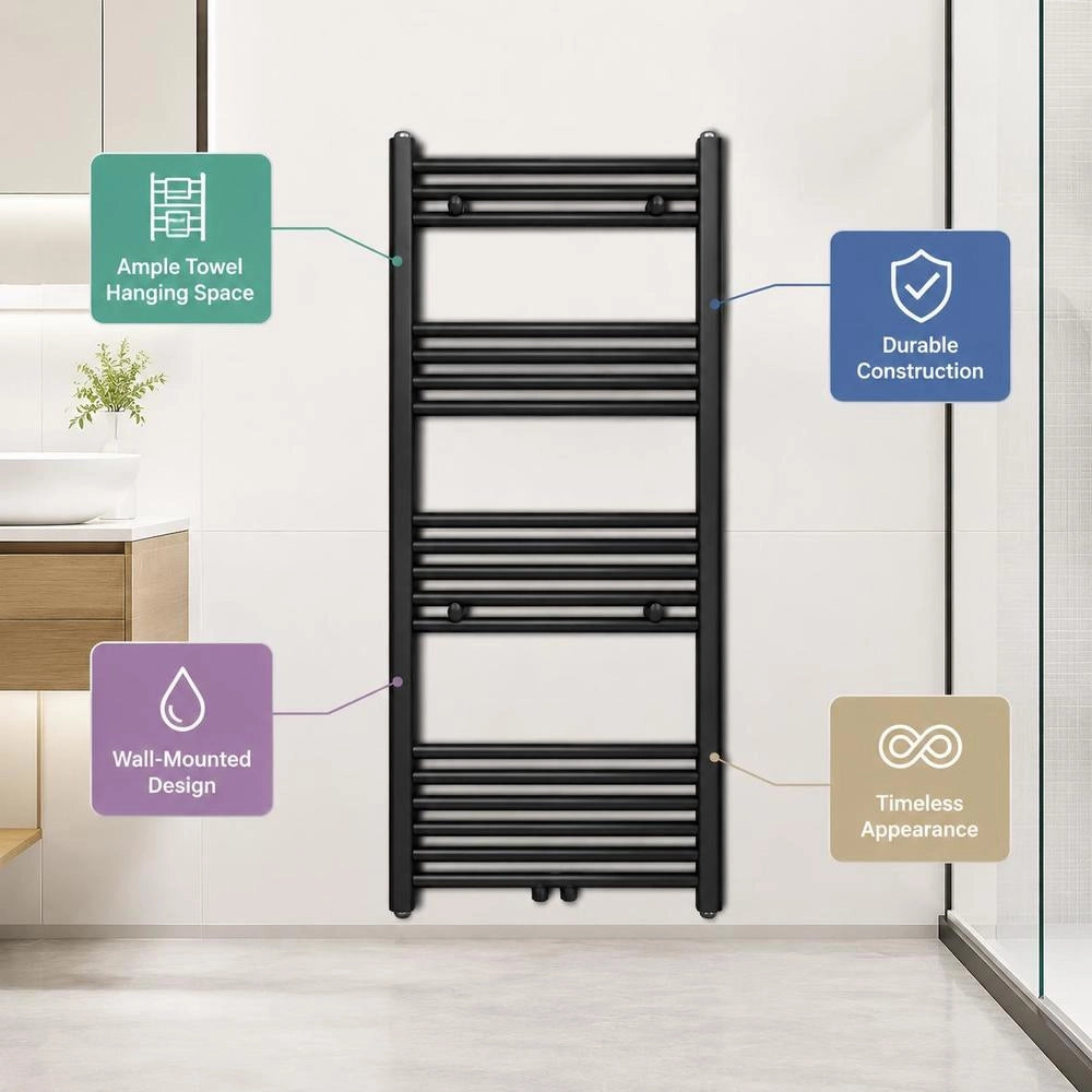 Towel Radiator, Hot Water, Straight, Black, 600x1160 Mm