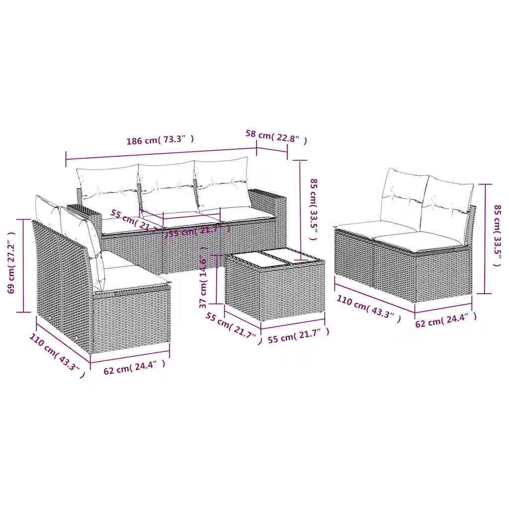 Set Divani da Giardino 8 pz con Cuscini Marrone in Polyrattan