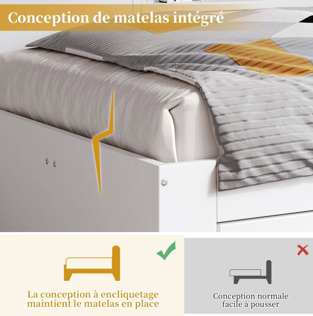 Letto a giorno 140x200 cm con cassetti e vani contenitori in MDF bianco