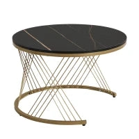 Tavolini Rotondi Modulari in Marmo Sintetico, con Dettagli Dorati e Cassetto, Dimensioni 70x70x45 cm e 50x50x40 cm, Nero e Bianco