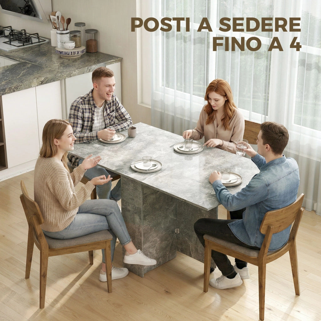 Tavolo da Pranzo Pieghevole 140x80x74 cm con Ripiani Ribalta e Ruote in Melamina Grigio Cemento