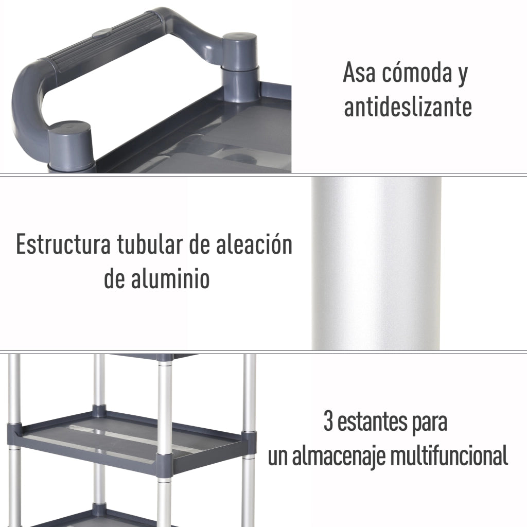 Carrello Portaoggetti 3 Livelli ¨C zephmum ¨C Grigio 88x44x93 cm
