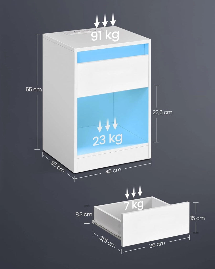 VASAGLE KAILYN Collezione - Comodino a LED con Stazione di Ricarica, Tavolino con Luci LED Regolabili, 2 Prese AC, 2 Porte USB, Moderno, per Camera da Letto Soggiorno, Bianco Nuvola LET618T15