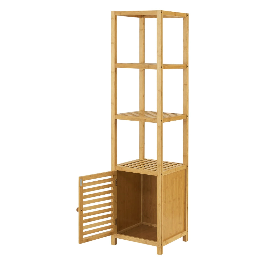 Mensola da bagno a 4 livelli con anta 140 x 34 x 33 cm bambù 03_0007002