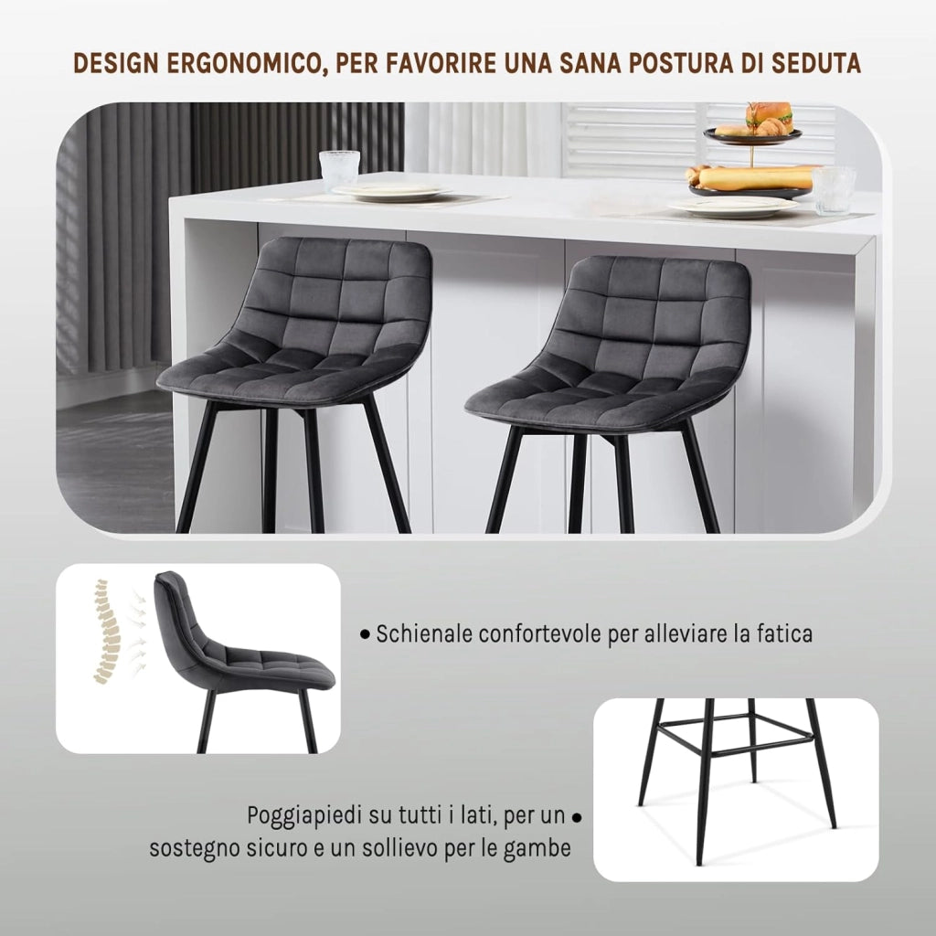 Sgabelli da Bar Stile Industriale Alta Sedia da Cucina Rivestimento in Velluto Grigio Scuro Gambe in Metallo 2 Pezzi