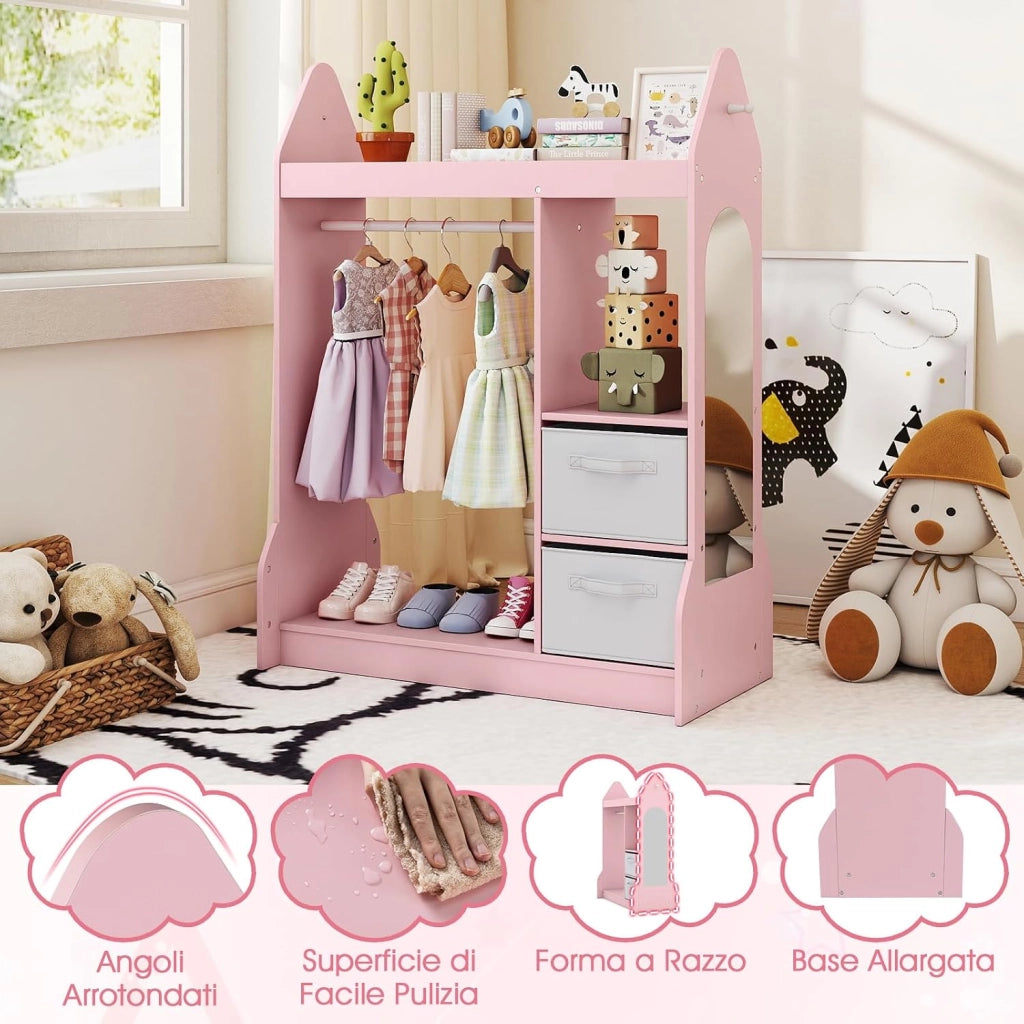 Guardaroba per Bambini, Armadio Gioco con Specchio Appendiabiti, Cassette in Tessuto Pieghevoli, Organizer per Stanza e Camera da Letto, 81 x 38 x 107 cm (Rosa)