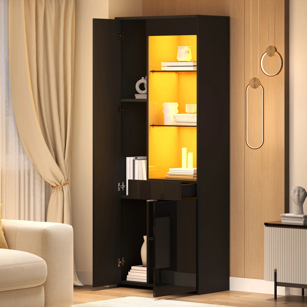 Vetrina alta 70 x 35 x 180 cm con 2 ante, cassetto, LED e finitura nero lucido