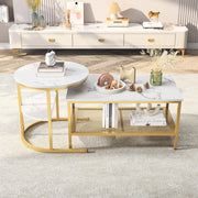 Set di tavolini da salotto impilabili con piano effetto marmo; legno e acciaio inox; oro