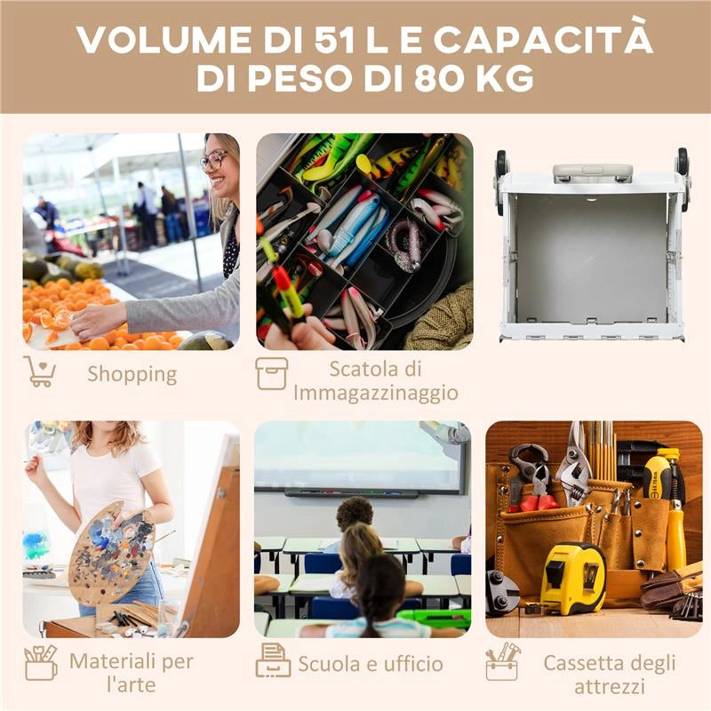 CARRELLO SPESA PIEGHEVOLE, CARRELLO IN ALLUMINIO, RUOTE PER SCALE, BIANCO