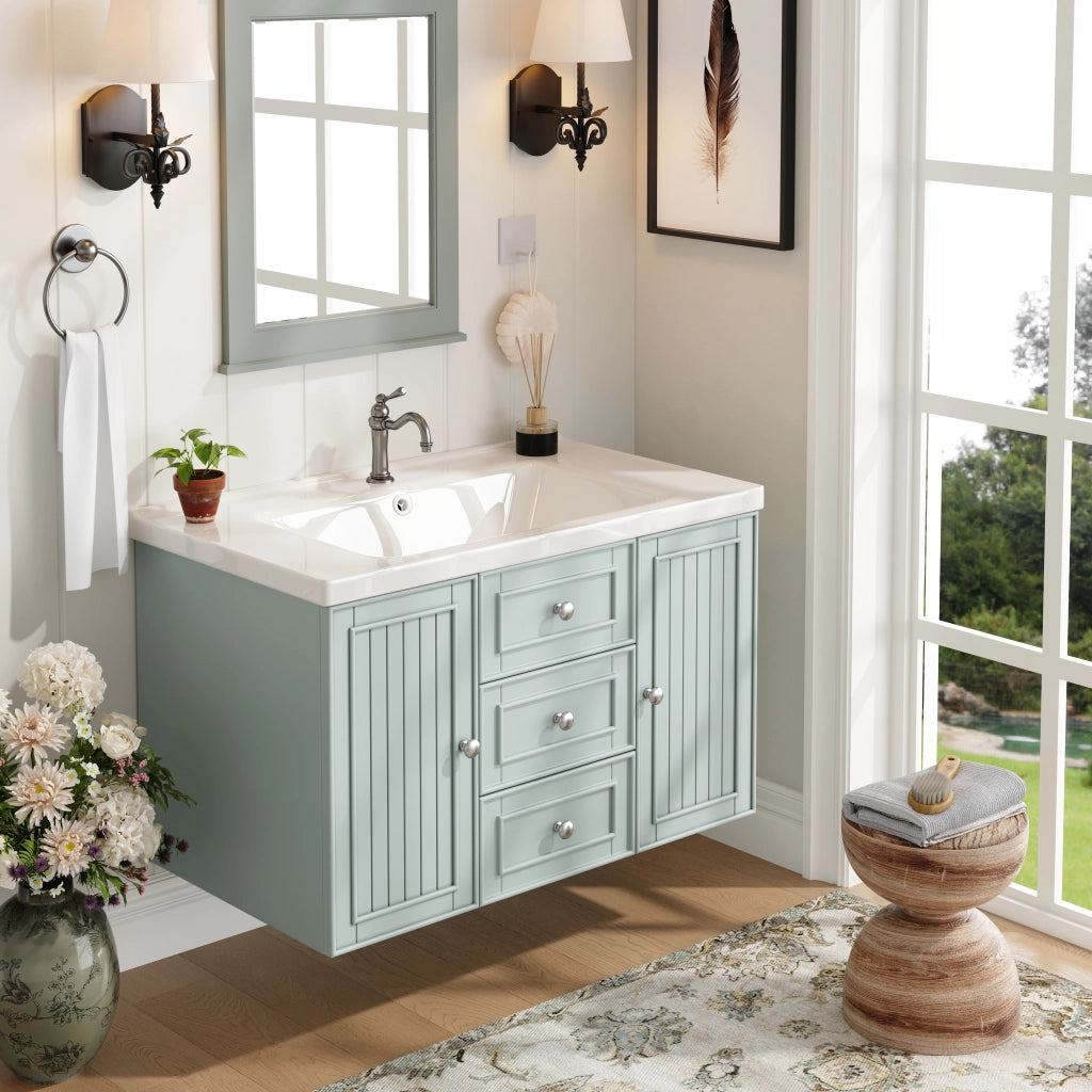 Mobile sottolavabo sospeso con lavabo in ceramica, 3 cassetti e vano laterale, per bagno, verde, 78,5 × 46 × 46,8 cm