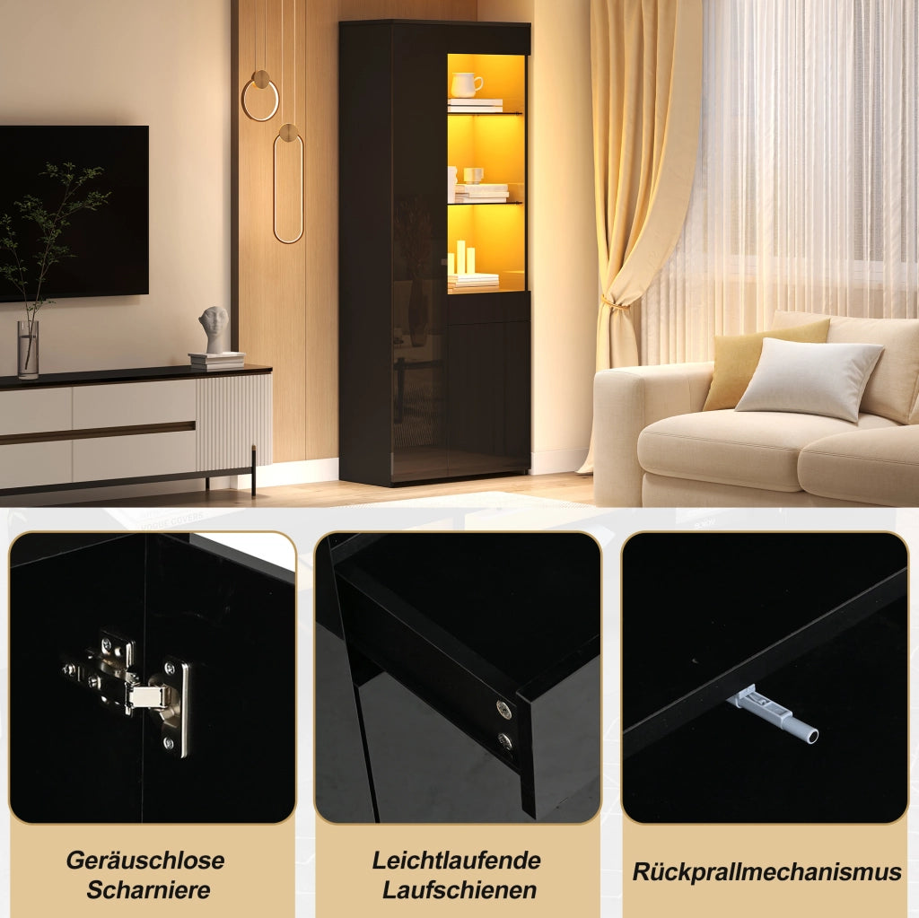 Vetrina nera compatta con LED, ante e cassetto