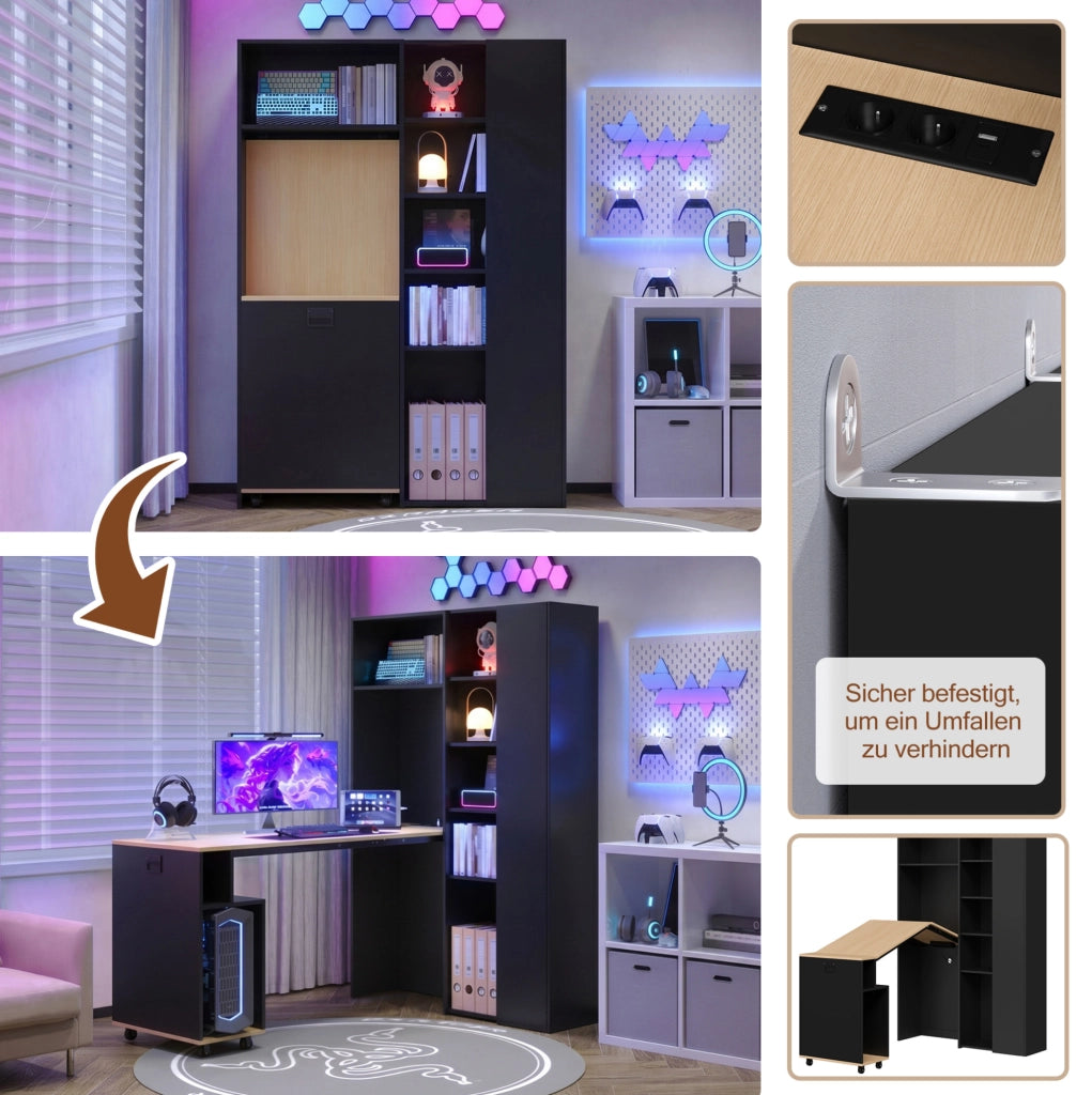 Scrivania pieghevole 2-in-1 con scaffale, presa EU e USB