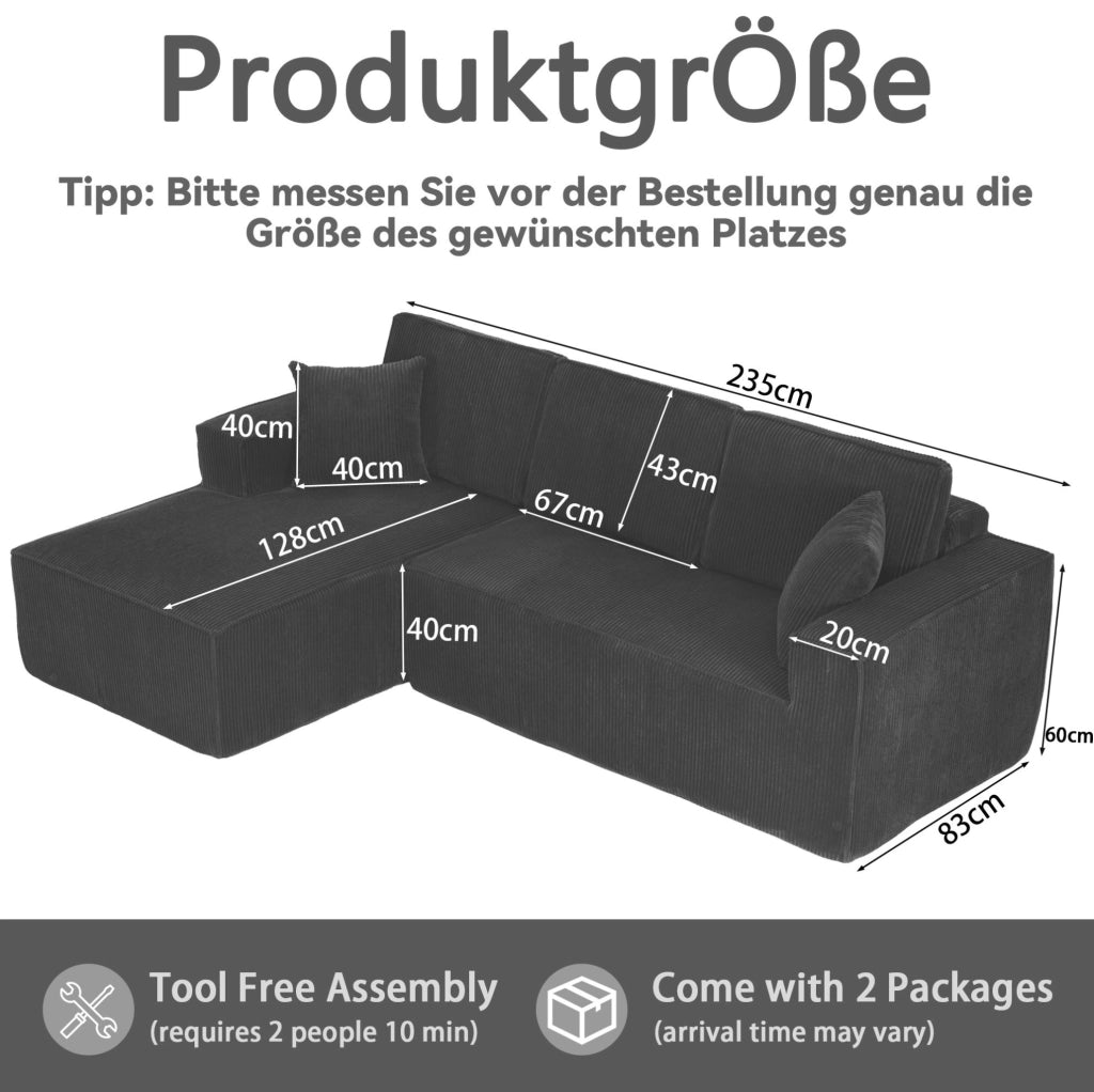 Divano angolare modulare a L; 2 posti con chaise longue; 235 x 128 x 60 cm; velluto a coste nero